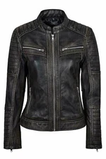 Women Cafe Racer Moto Biker Distressed Black Leather Jacket Size S M L XL XXL