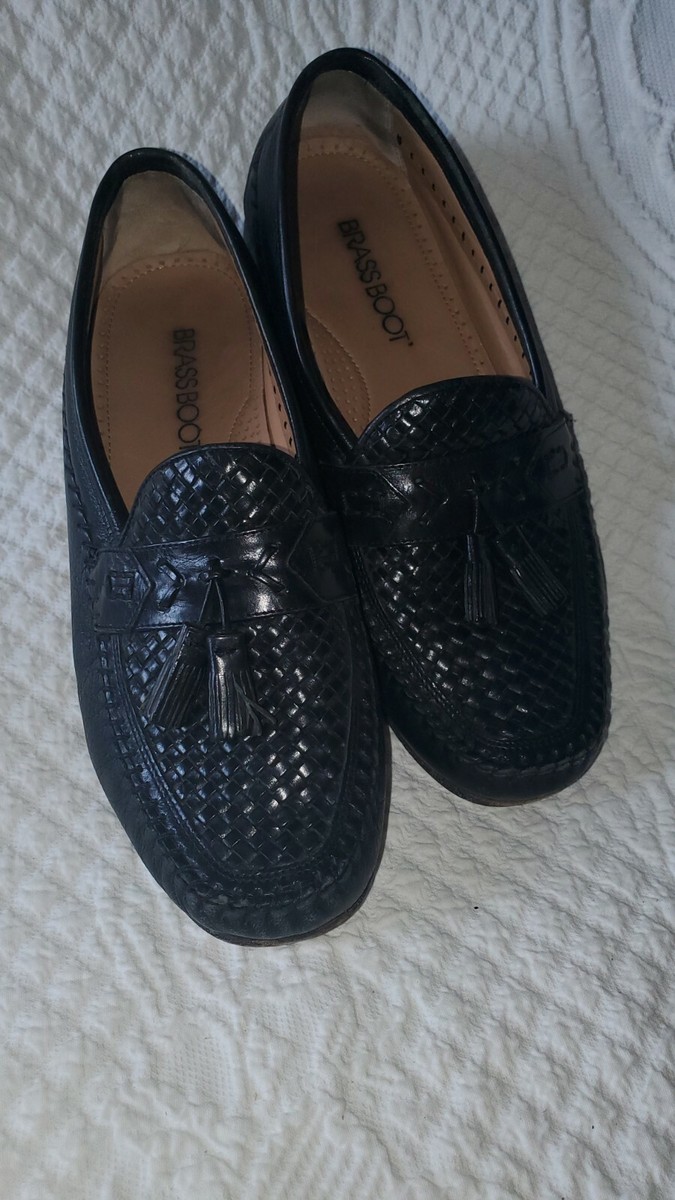 Brass Boot Men\'s Loafers Size 10.5 M Black Leather Tassel Slip On‎ Dress Shoes Brass Boot Black Leather Slip On Tassel Dress Loafers Shoes  main image 3