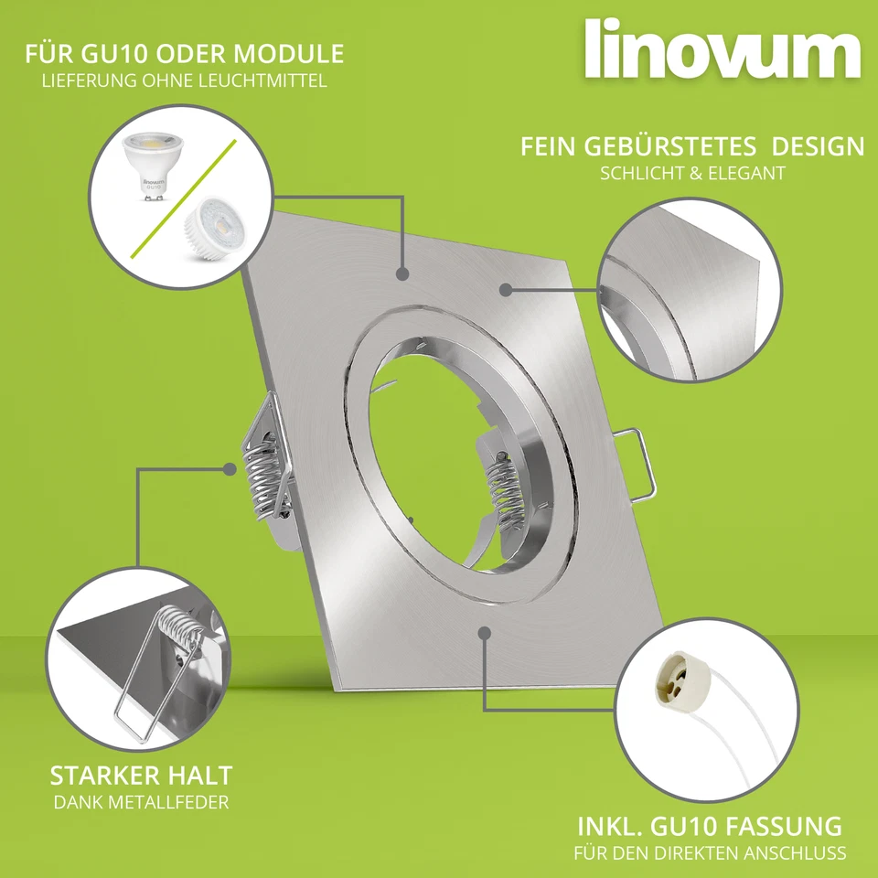 10x Einbaustrahler Einbau Rahmen Set eckig gebürstet eckig starr LED Halogen - Bild 3 von 4