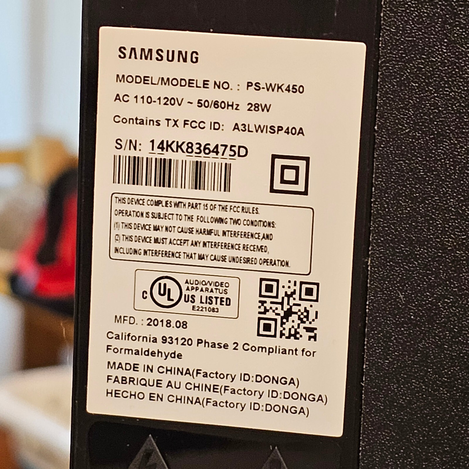 Samsung PSWK450 Wireless Subwoofer for HWKM45C Soundbar Subwoofer