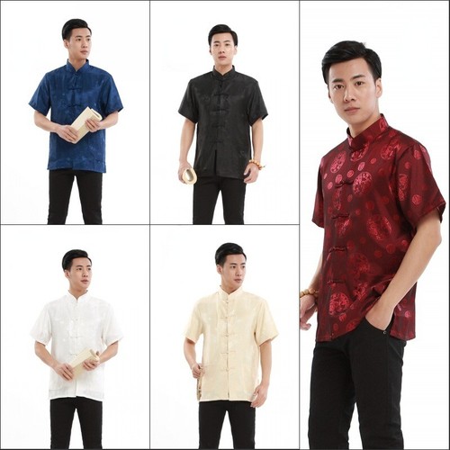 Chinese Men Shirt Satin Blouse Short Sleeve Frog Button Dragon Kung Fu Ethnic - Afbeelding 1 van 26