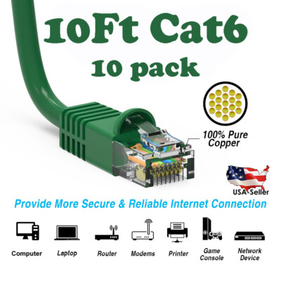 10Ft CAT6 Ethernet Cable Lan Network CAT6 Internet Modem RJ45 Patch Cord Green