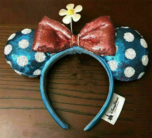 New Disney Parks Minnie Mouse Sunflower Flower Polka-dot Blue Red Ears Headband - Picture 2 of 7