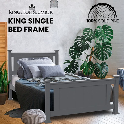 KINGSTON SLUMBER King Single Bed Frame Wooden Timber Grey Base Size