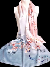 100% Silk Scarf Women neckerchief long Shawl Wrap floral pink red gray MY200-11