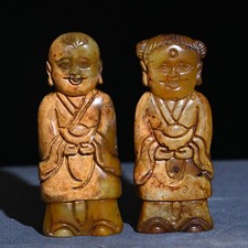 7CM China Hongshan Culture Old Jade Carved Tongzi Kid Boy Amulet Pendant Pair