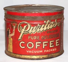 Antique Puritas Brand Coffee Tin 1 pound Made in USA (c) 1922