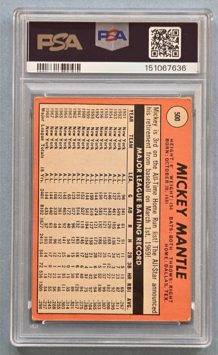 1969 Topps Mickey Mantle #500 last name in yellow PSA 3 Nicely Centered view 10