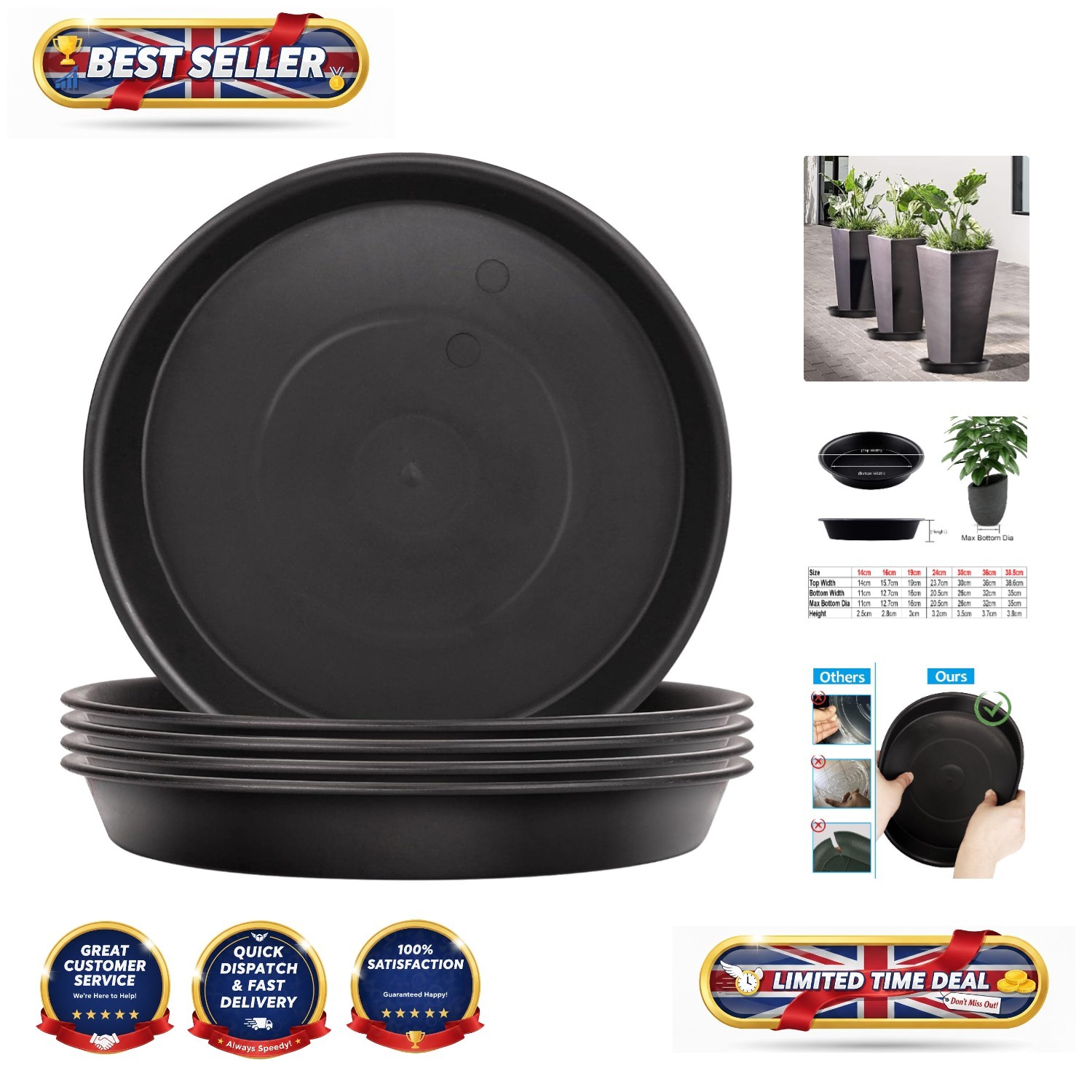 Eco-Conscious 30cm Plant Saucers, Set of 5 - Reliable Indoor/Outdoor Trays