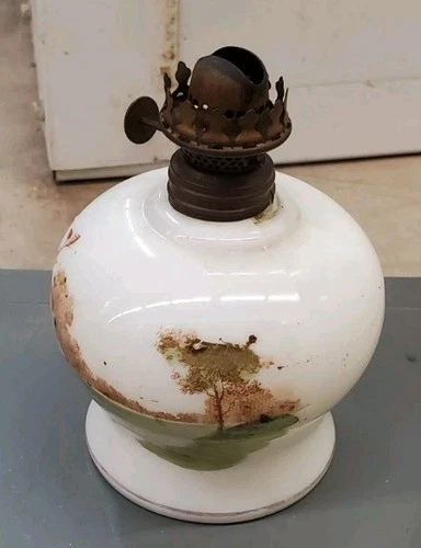 1890s  HANDPAINTED MILKGLASS OIL LAMP