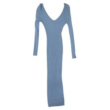 Fashion Nova Ribbed Knit Maxi Dress S Blue Long Sleeve V-Neck Bodycon Feminine