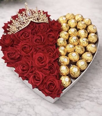 Ferrero Rocher Heart-Shaped Chocolates & Red Roses Crown Birthday Gift Box