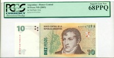 Argentina 2003 10 Pesos Bank Note Superb Gem New 68 PPQ PCGS Currency (B)