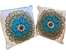 Pier 1 Floral Appliqué 2 Throw Pillows Teal Boho Coastal Décor Embroidered