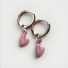 LOVE Heart Huggie Earrings W/ Pink Heart Gem Gold Plated Sterling Silver New