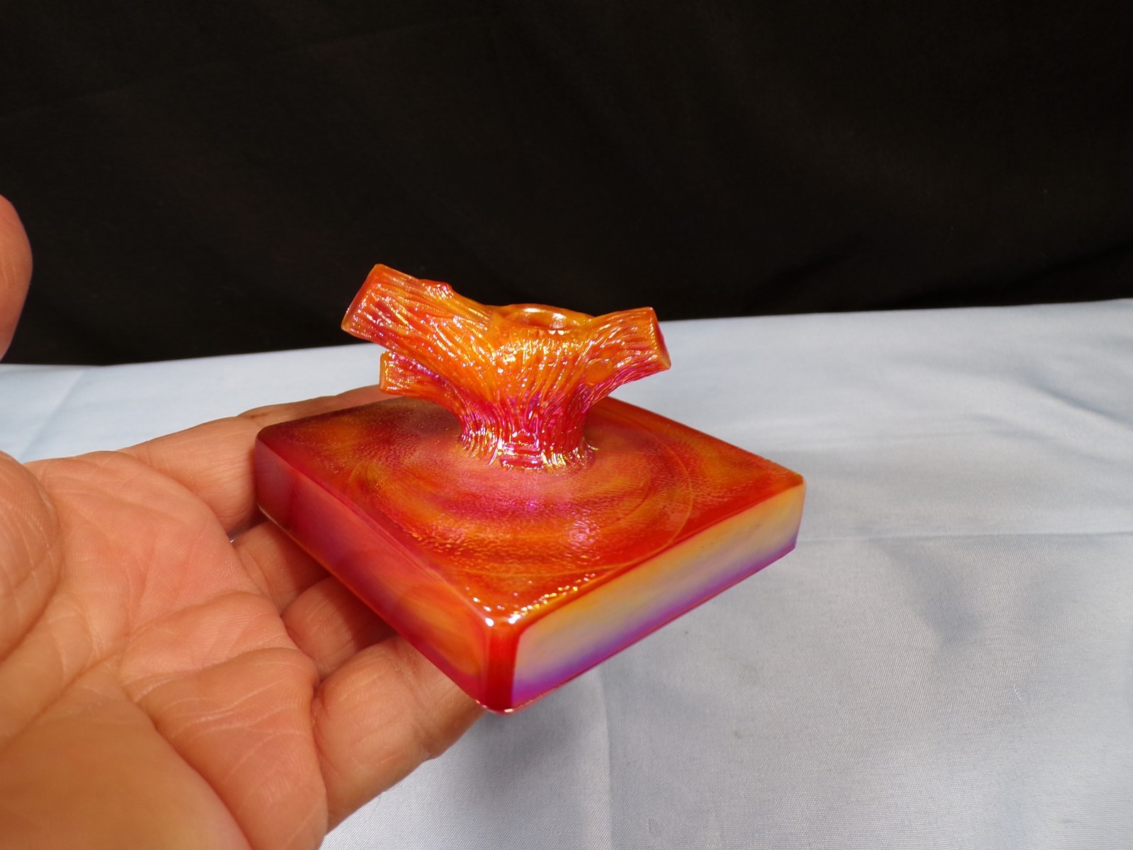 Westmoreland Summit Orange Carnival Slag Glass Bird Butterfly Branch Base GLOWS