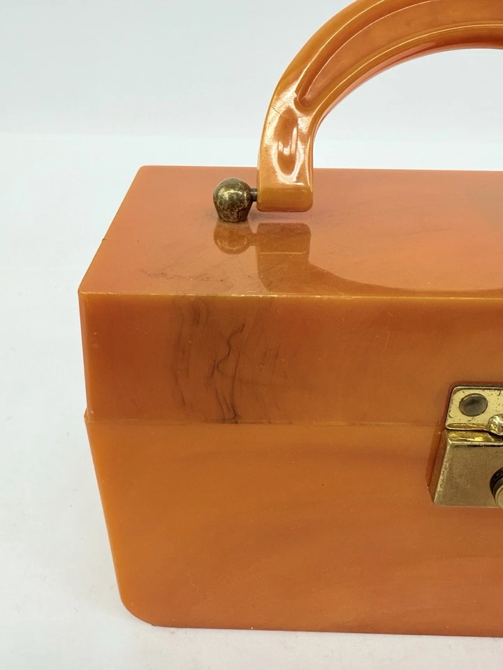 Vintage Orange Bakelite Lucite Plastic Box Purse With Handle And Mirrors Inside - Image 4 of 4