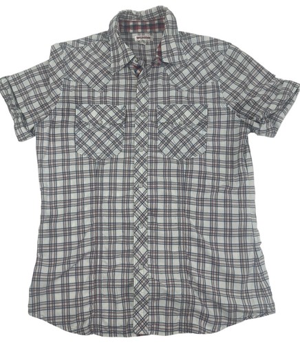 True Religion Shirt Men’s Medium Red White Blue Plaid Pearl Snap Short Sleeve