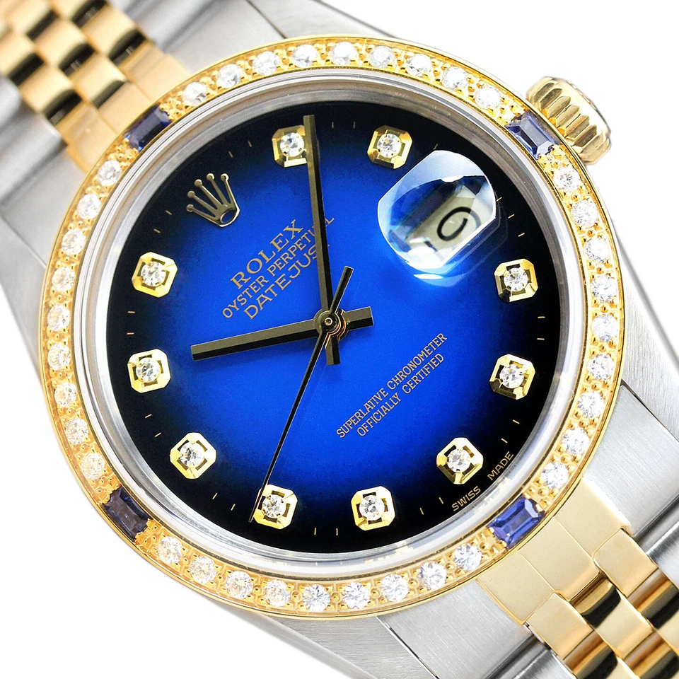 ROLEX MENS DATEJUST BLUE VIGNETTE SAPPHIRE DIAMOND 18K YELLOW GOLD & STEEL WATCH