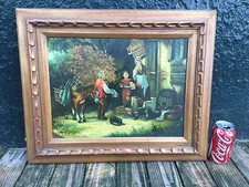 Old world village, hunting, family oil painting by Paul Vosman framed.