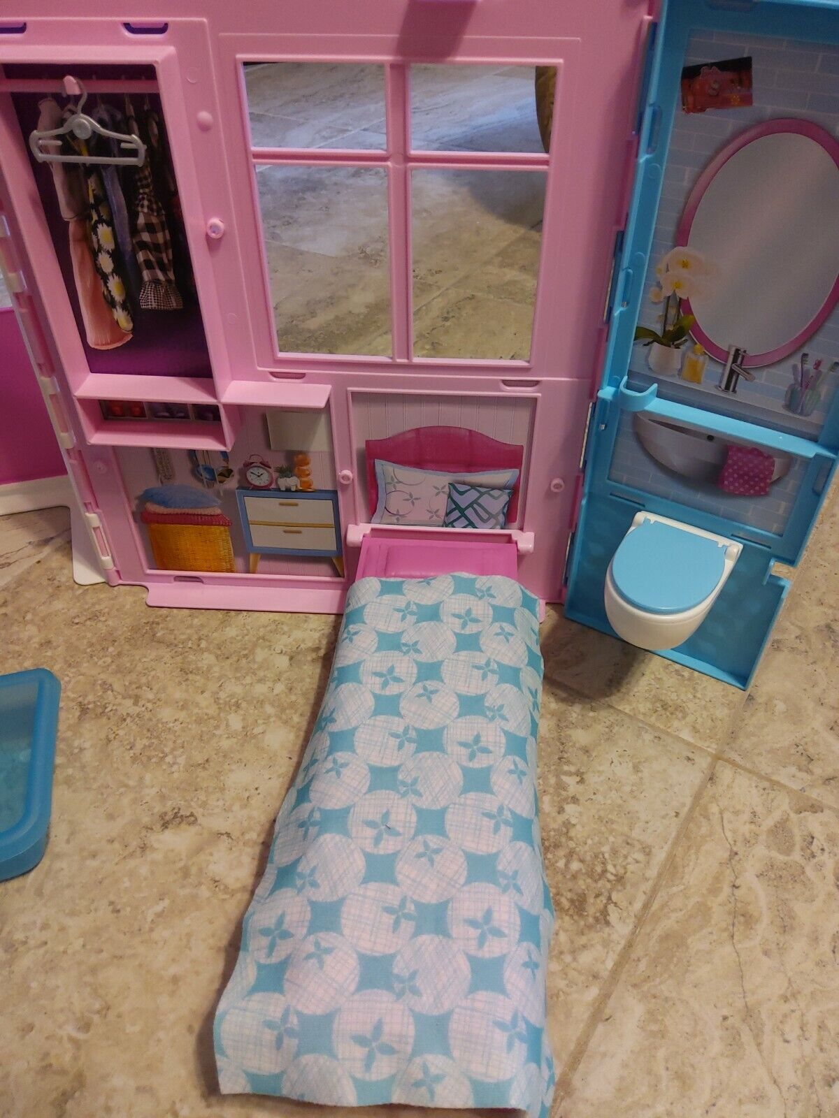 Barbie Portable 1-Story Toy Play Set Dollhouse with Doll, Pool, & Furniture