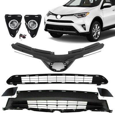 Front Upper Lower Grille Foglights Towing Cover Set For 2016-2018 17 Toyota RAV4