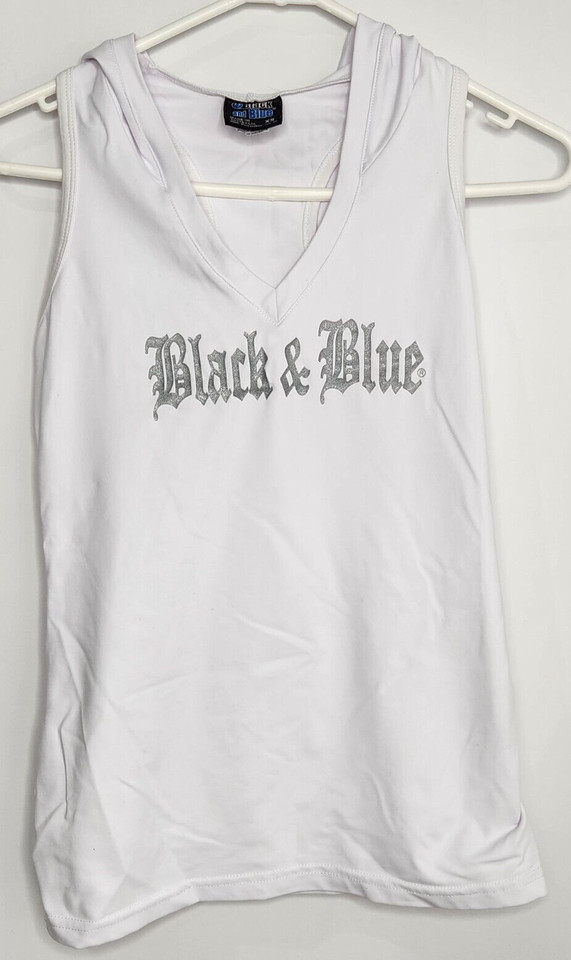 BLACK AND BLUE White stretch hooded sleeveless gym top Sz XS Women's