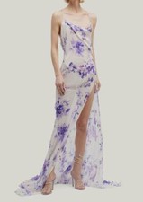 $2100 Bach Mai Women's White Purple Floral Draped Bias Gown Dress Size M