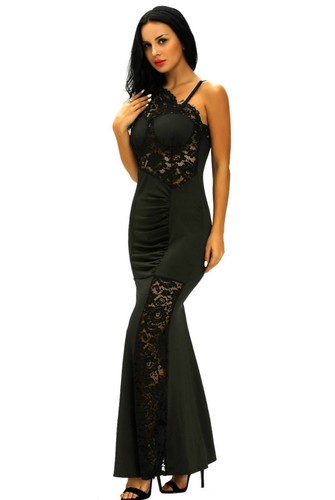 Sz S 8 10 Black Lace Sexy Formal Cocktail Wedding Evening Gown Party Maxi Dress - Picture 2 of 4