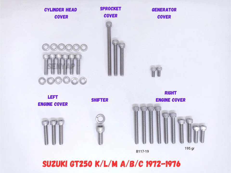 КОМПЛЕКТ БОЛТОВ ИЗ ПОЛИРОВАННОЙ НЕРЖАВЕЮЩЕЙ СТАЛИ ДЛЯ ДВИГАТЕЛЯ SUZUKI GT250 A B C K L M 1974 - Изображение 2 из 3