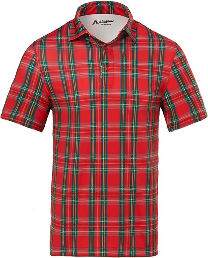 Men`s Royal and Awesome Red Golf Polo Shirt Performance Stewart Tartan