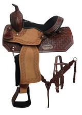 12" Double T Youth barrel style horse saddle set with zigzag tooling