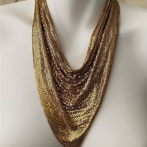 Vintage Rau Klikit Bib Scarf Collar Chain Mesh Metal Necklace Gold Glam Disco - Picture 9 of 9
