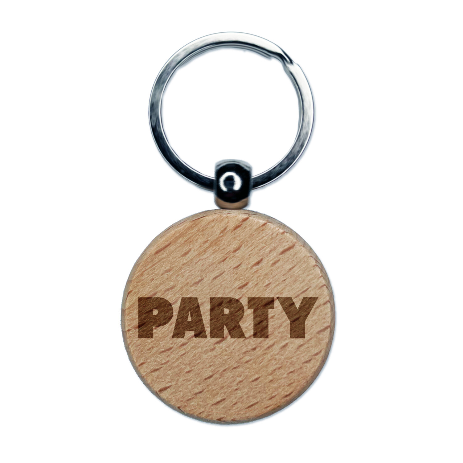 Party Bold Text Engraved Wood Round Keychain Tag Charm