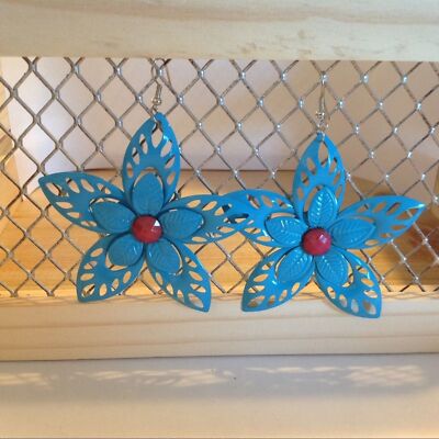 Silver Tone Blue Metal Fashion Pierced Earrings 3 1/2''