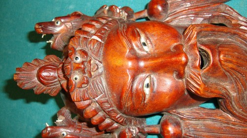 Carved Rosewood Chinese Emperor Mask Dragons White Inlay - Picture 6 of 9