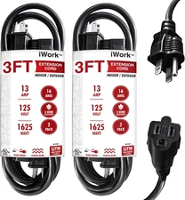 2-Pack 3Ft Black Extension Cord, 16/3 SJTW Heavy-Duty Power Cable, UL Listed, We