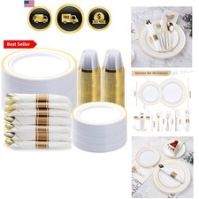 350PCS Gold Plastic Dinnerware Set, Disposable Party Plates for 50 Guests, In...