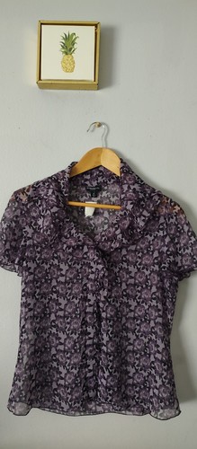 Sharagano Women Blouse Sheer Size Medium Color Purple Black Short Sleeve - Picture 8 of 10