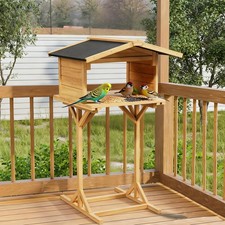 Free Standing Wooden Bird Table - Traditional Garden Bird Feeder with Roof-Beige