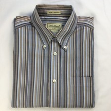Eddie Bauer Mens Shirt M Blue Gray Stripes Long Sleeve Wrinkle Resistant Utility