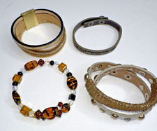 WRAP LEATHER BRACELET SILVER GROMMETS BROWN GLASS BEAD MAGNET MULTISTRAND SET 4