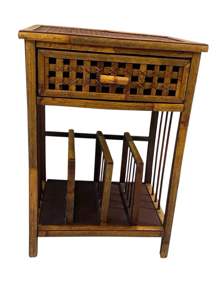1 Vtg Boho Bamboo Rattan Wicker End Side Table W/Magazine Rack &Drawer Plant Sta - Image 2 of 4