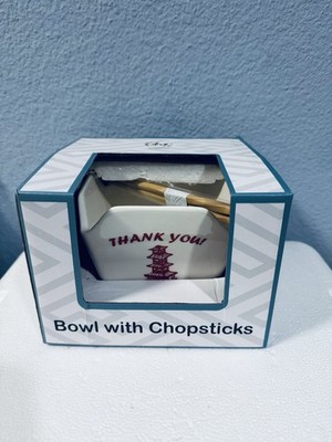 Urban Tokyo Chinese Takeout Box Style Porcelain Bowl With Chopsticks 18 fl oz Sq