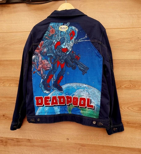 Reworked vintage denim jacket with Deadpool on back Size XL - Picture 1 of 7