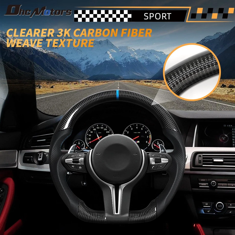 Volante de couro Nappa de fundo plano de fibra de carbono para 2014-2017 BMW M5 M6 M8 - Imagem 2 de 4