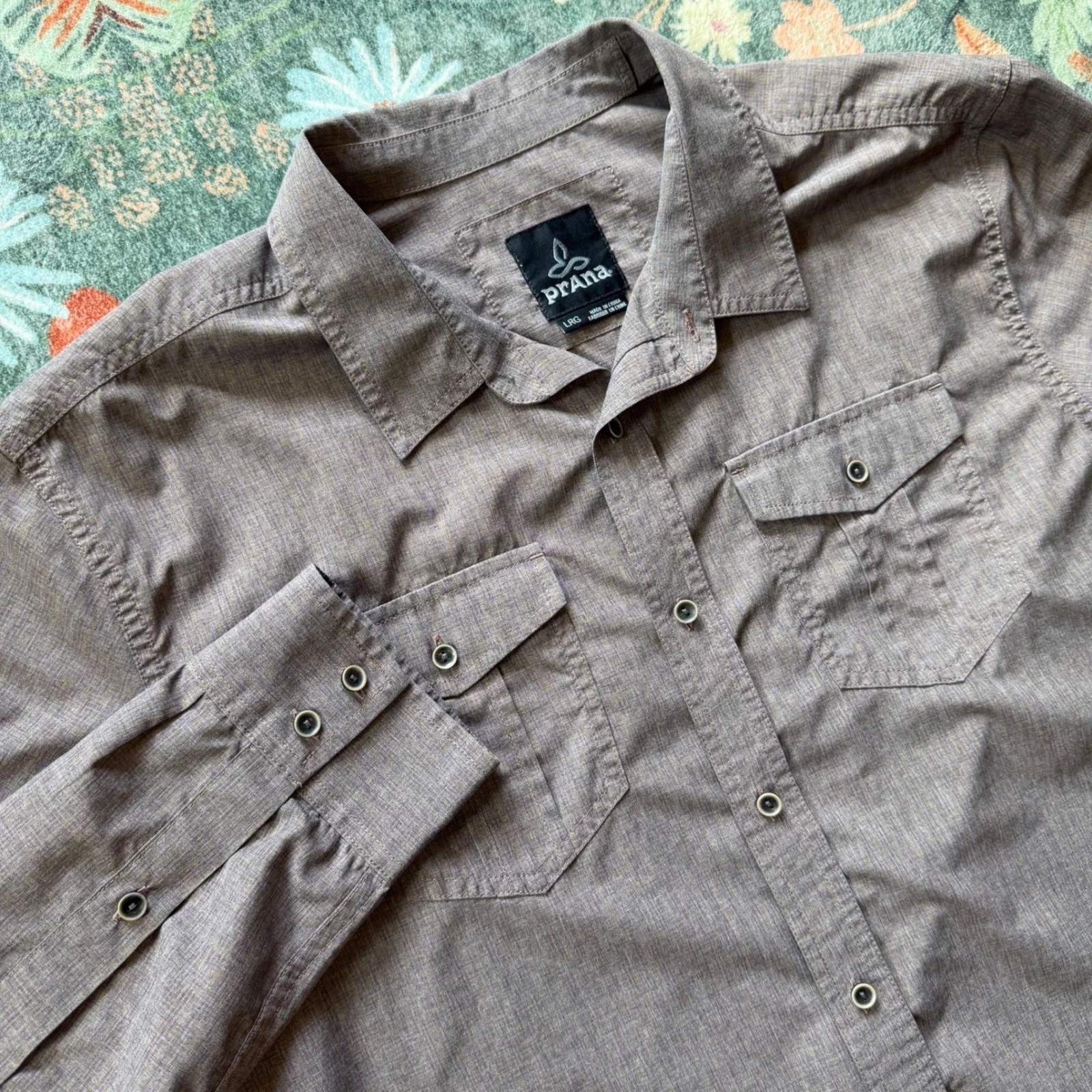 Prana Mens Long Sleeve Button Down Shirt Brown Heathered Hiking Outdoor Large