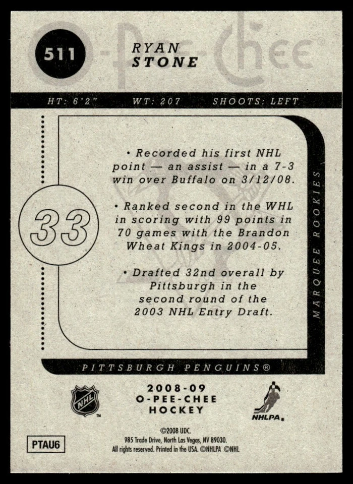 2008-09 O-Pee-Chee MARQUEE ROOKIES Ryan Stone Rookie Pittsburgh Penguins #511 - Image 2 of 2