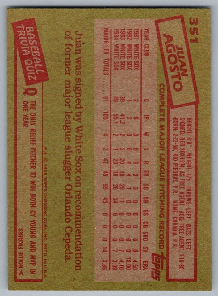1988 Topps Juan Agosto Chicago White Sox #351 - Image 2 of 2