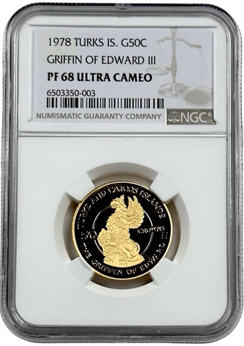 1978 Griffin of Edward Turks & Caicos Is Gold 50 Crowns Proof Coin NGC PF 68 UC